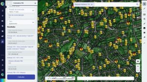 Tela do sistema Geopixel OMI arrecadação municipal mostrando mapa 3D de lotes urbanos com edificações e a Calculadora ITBI calculando valor venal e imposto de um imóvel.