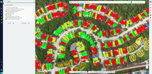 Plataforma SINTER CIB municípios exibindo mapa aéreo com lotes urbanos coloridos por status de alteração de área construída (verde, vermelho, amarelo e azul) e legenda lateral de classificação.