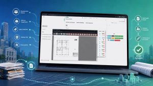 Laptop exibindo sistema de gestão de obras e alvarás digitais, com ícones de Planejamento Urbano, Obras, Meio Ambiente, Defesa Civil e Procuradoria à esquerda, e Solicitação Digital, Análises Integradas e Alvará Aprovado à direita.