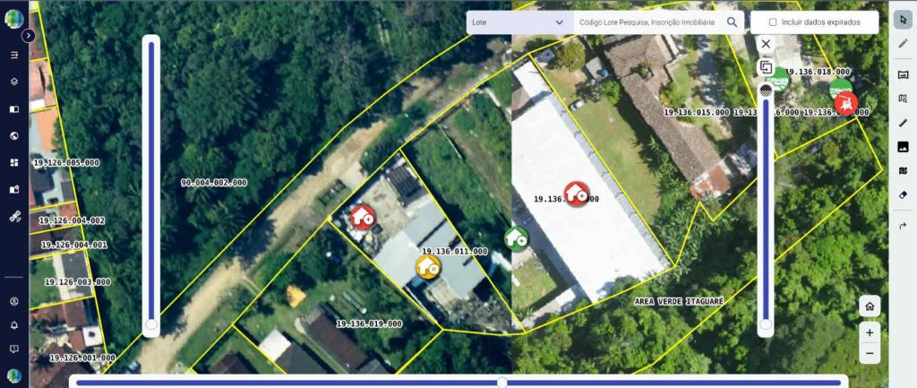 Plataforma Geopixel voltada ao monitoramento territorial e arrecadação municipal, exibindo comparação temporal de imagens de satélite com lotes numerados por inscrição imobiliária e ícones de alerta de novas edificações.